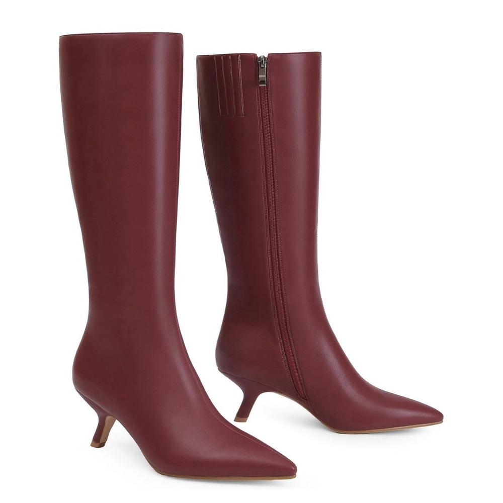 MidCalf Boots for Women Pointed Toe 2.5 IN Low Heel Women Boots Red Zipper Boots